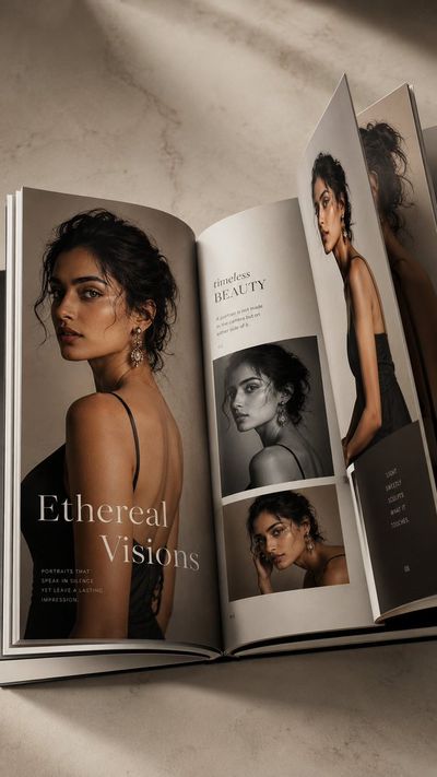 An open luxury coffee table book displays vibrant editorial portraits
