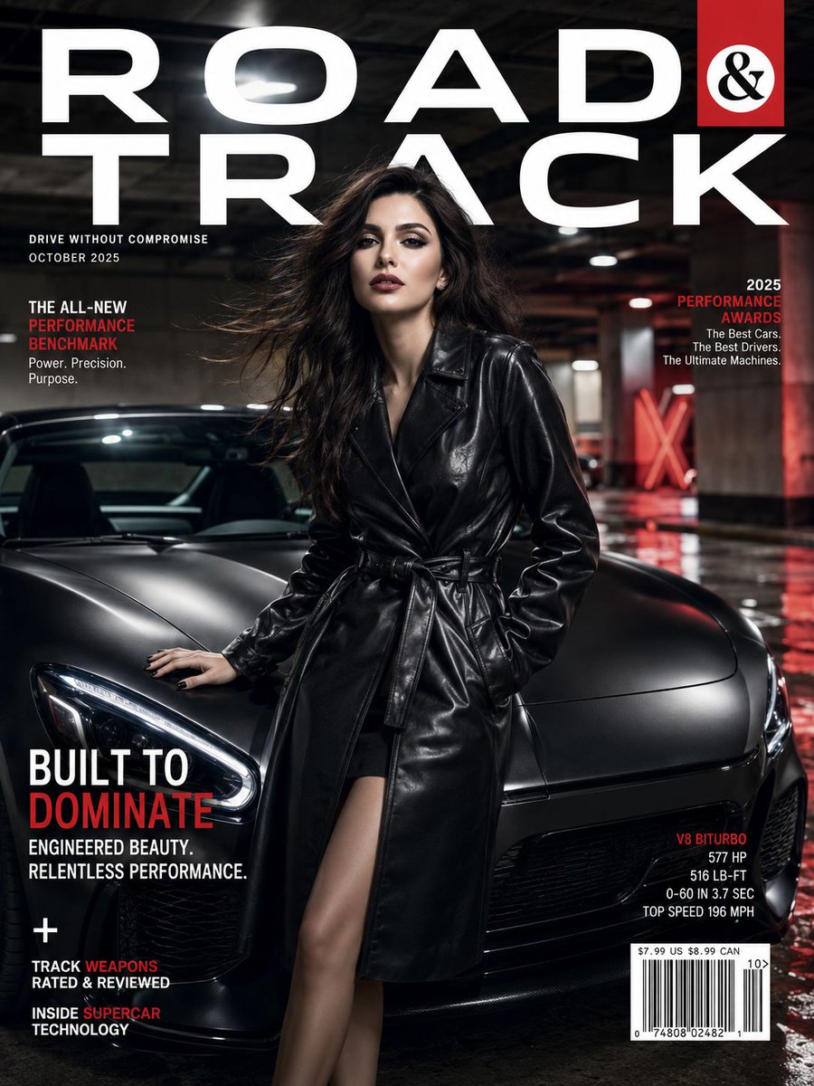 Confident model leans on matte-black coupe in moody garage