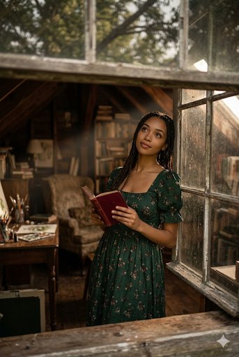 Young woman reads in sunlit attic with vintage decor