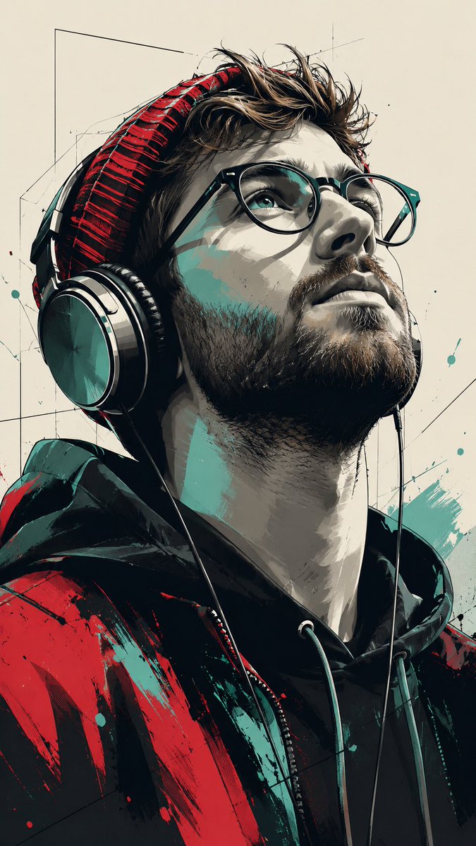 A young man in teal and red looks up with serene expression