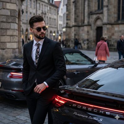 Confident man in black suit leans on glossy Porsche at dusk