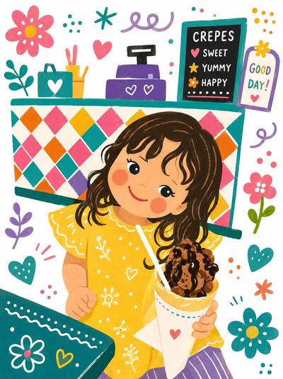 A cheerful girl holds a chocolate crepe in a candy shop