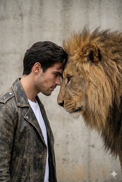 Raw Bond: Man and Lion in Hyper-Realistic Detail