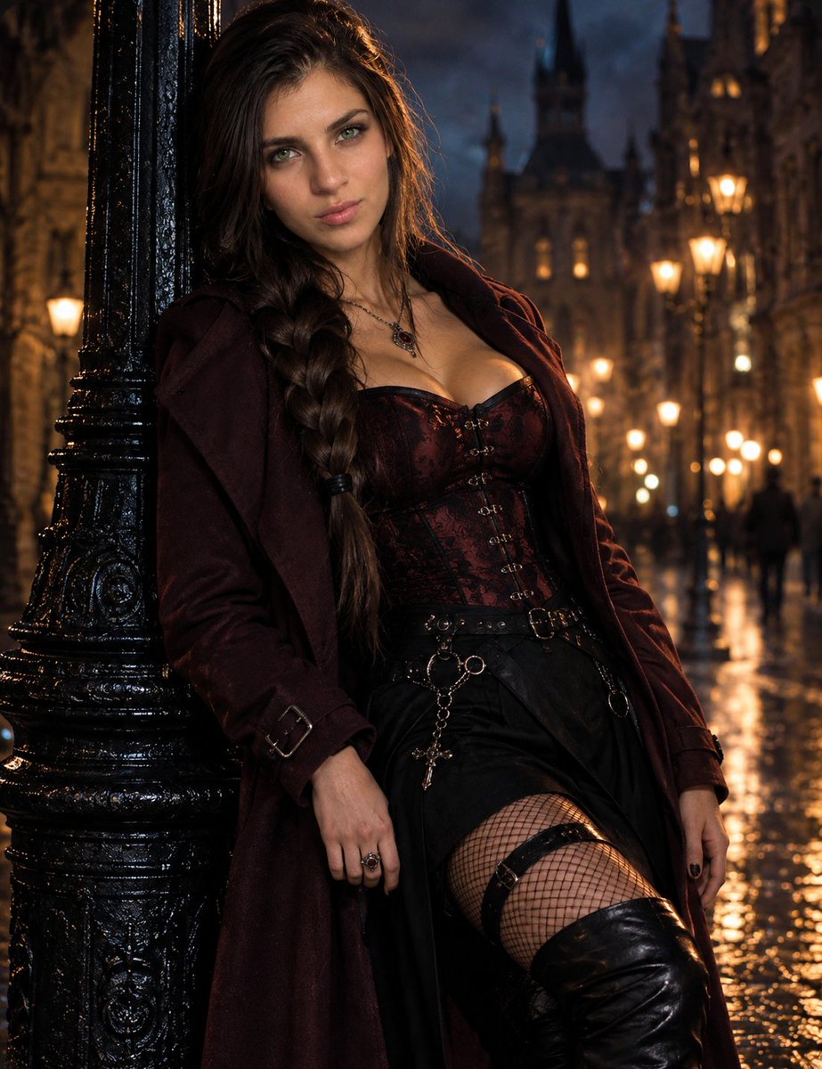 Gothic Woman Leans Against Black Street Lamp in Rainy Night