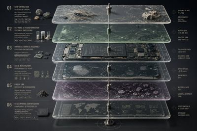 Six translucent planes reveal a smartphone's complex supply chain journey