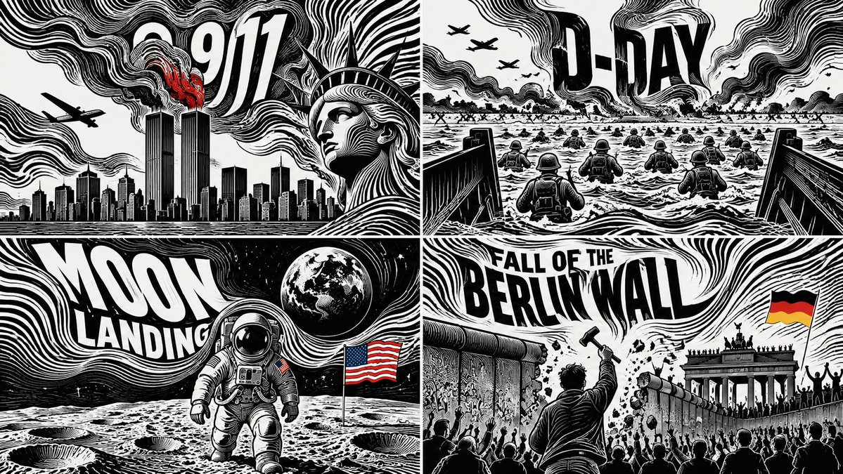 Four days that changed history shown in a 2x2 grid of line fields
