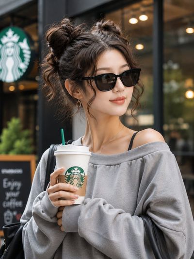 A stylish woman in sunglasses holds coffee outside a modern café.