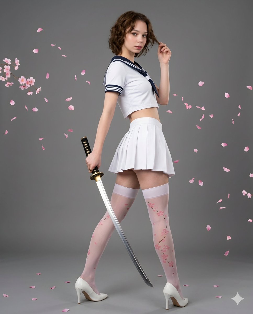 A young woman in white sailor outfit threatens with a katana