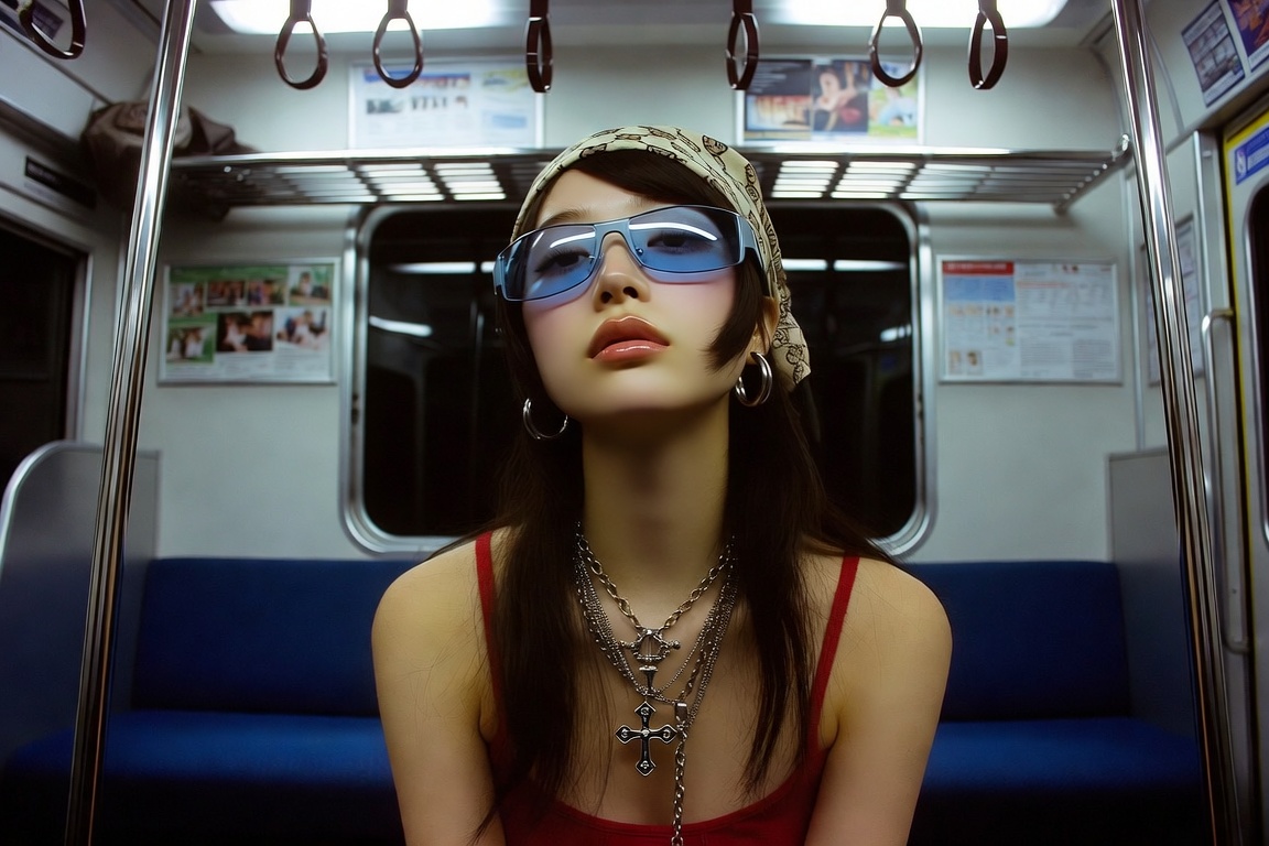A Japanese model poses in a train with vintage sunglasses