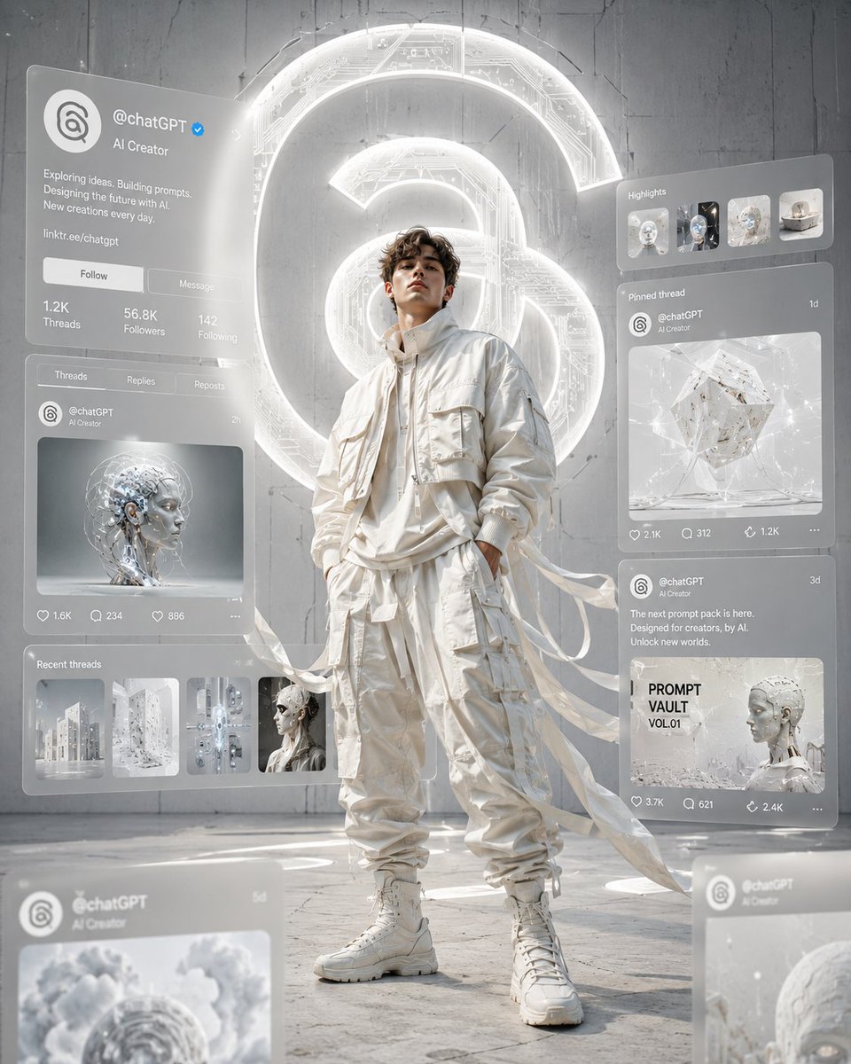 Fashion model poses with holographic Threads profile in white monochrome