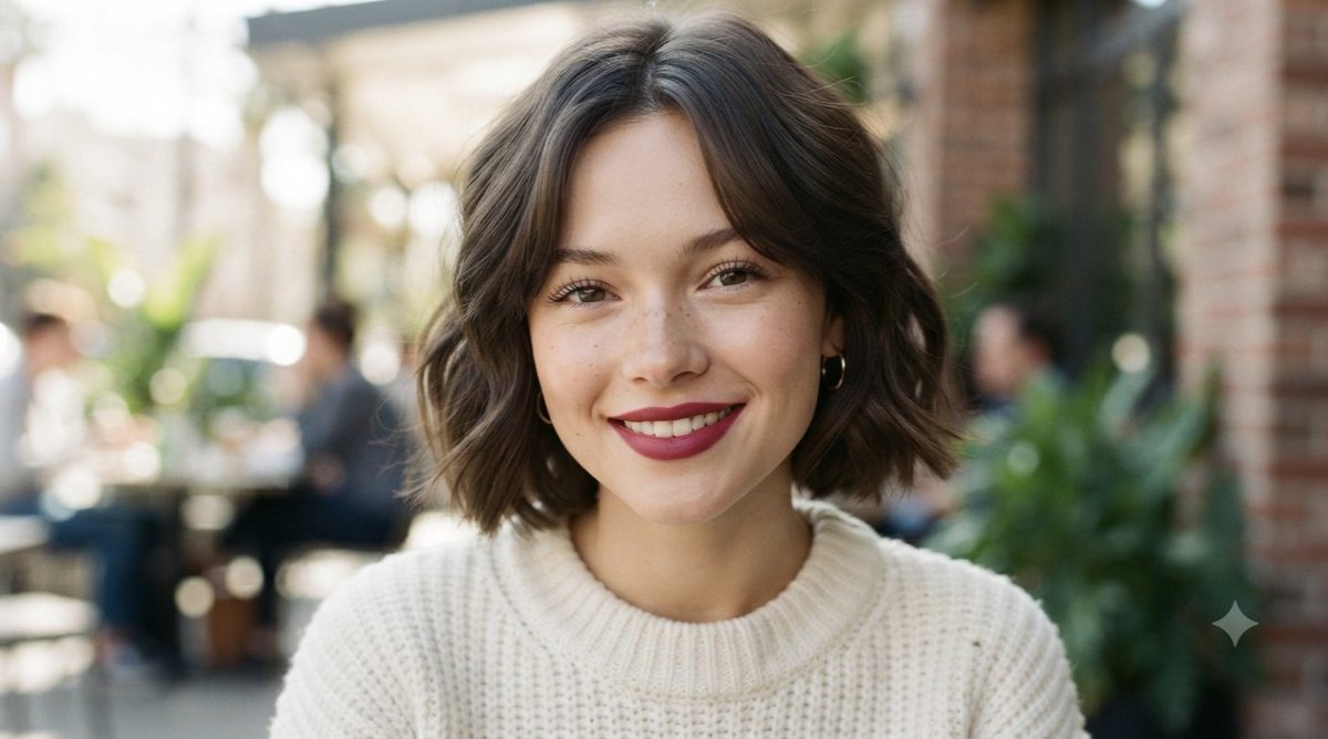 A woman in a cream sweater smiles warmly at a cozy cafe.
