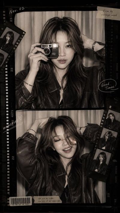 Vintage photobooth collage of a glamorous woman in leather jacket