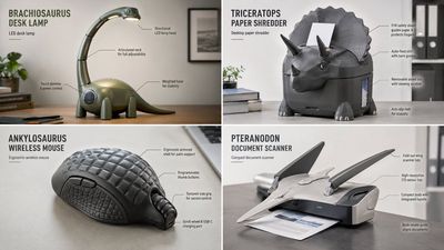 A triceratops-inspired stapler uses three horns to bind papers