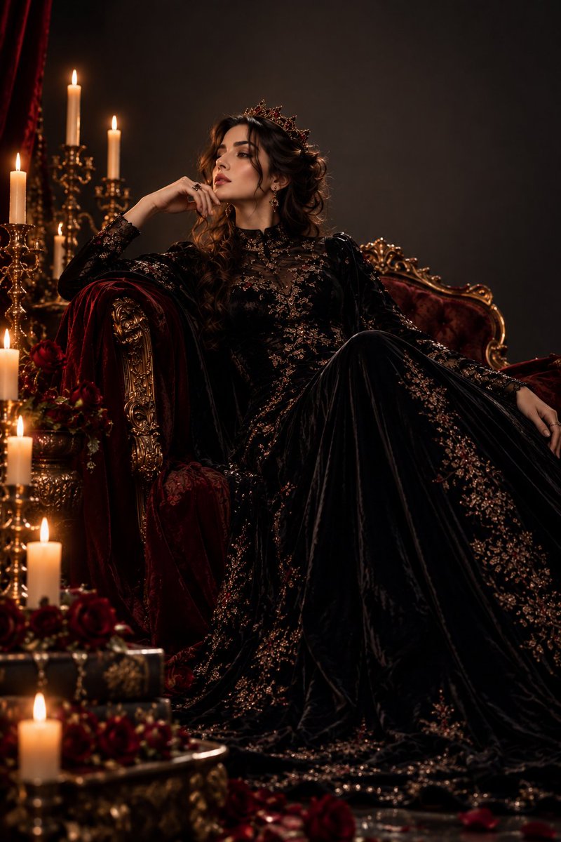 Dark Royal Queen in Black Velvet Gown on Antique Throne