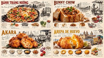Underrated Street Foods Illustrated in Four-Panel Cinematic Grid