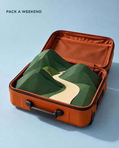 Miniature Paper Forest Rises From Open Burnt Orange Suitcase