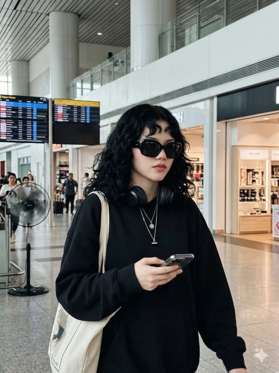 Young woman in black hoodie walks through airport terminal with coffee