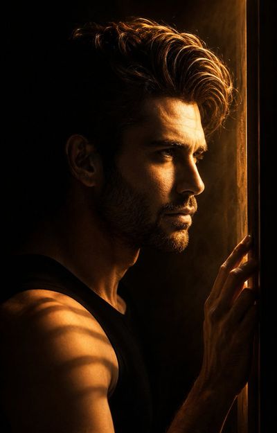 A man in side profile touches a doorframe in warm amber light