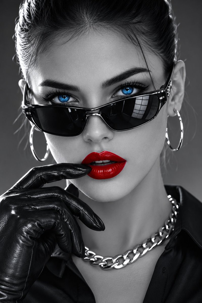 A serious woman in sleek bun poses with gloved hand near lips
