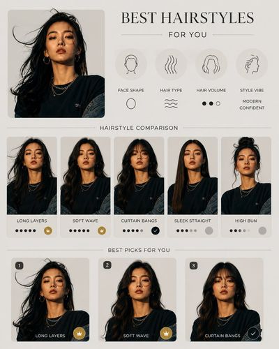 Elegant hairstyle analysis infographic showcases six premium salon options