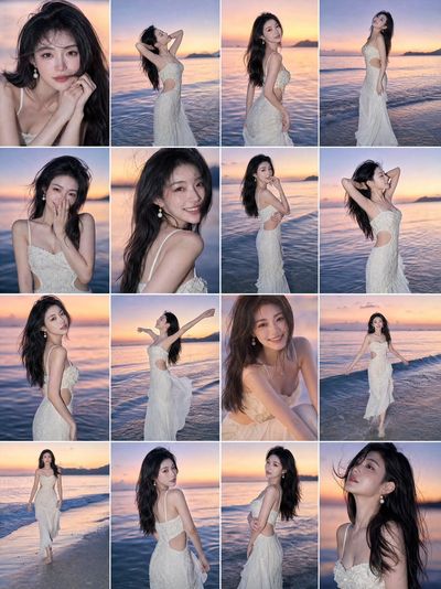 Young woman in ivory lace dress poses at sunset beach
