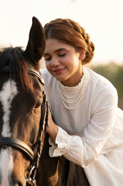 Young woman embraces her horse in warm golden sunlight