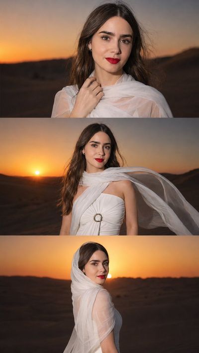 Woman in white dress poses in desert with windblown scarf