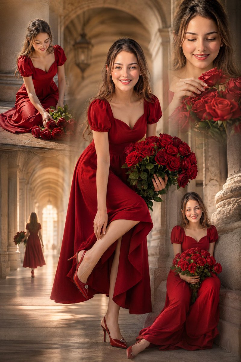 Curly-haired woman in red dress floats through sunlit classical hallway collage