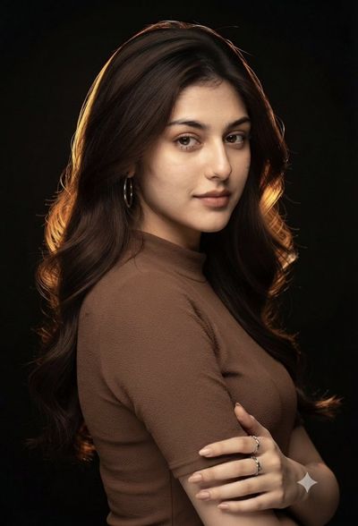 Elegant young woman poses with warm rim lighting against black background