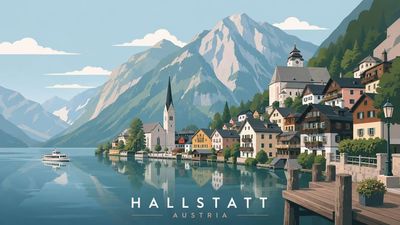 Hallstatt's alpine lake mirrors pastel skies and tranquil mountains