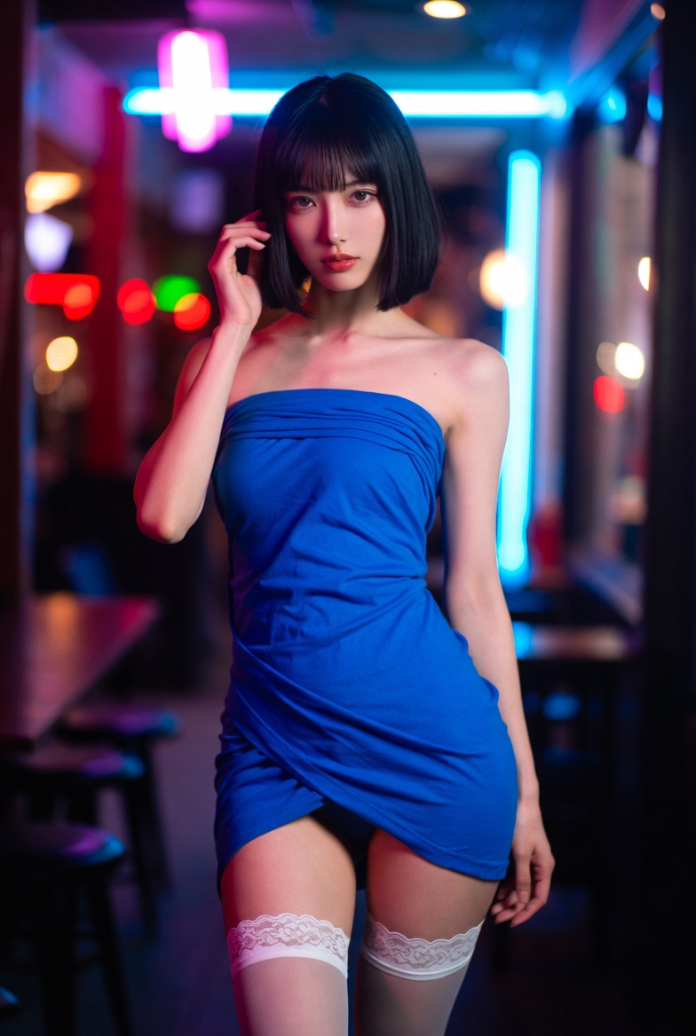 A seductive woman in blue kimono poses at a café