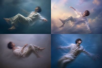 A man floats in four dreamy poses with soft blur