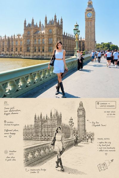 Waterfront Traveler Poses as Ink Sketch Below Photo
