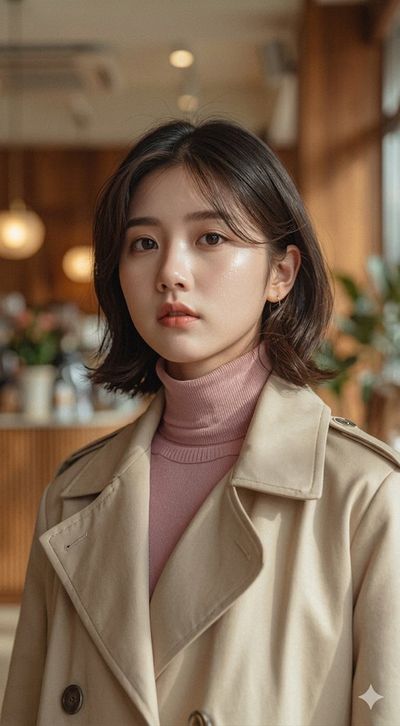 Young woman in beige trench coat gazes calmly into camera