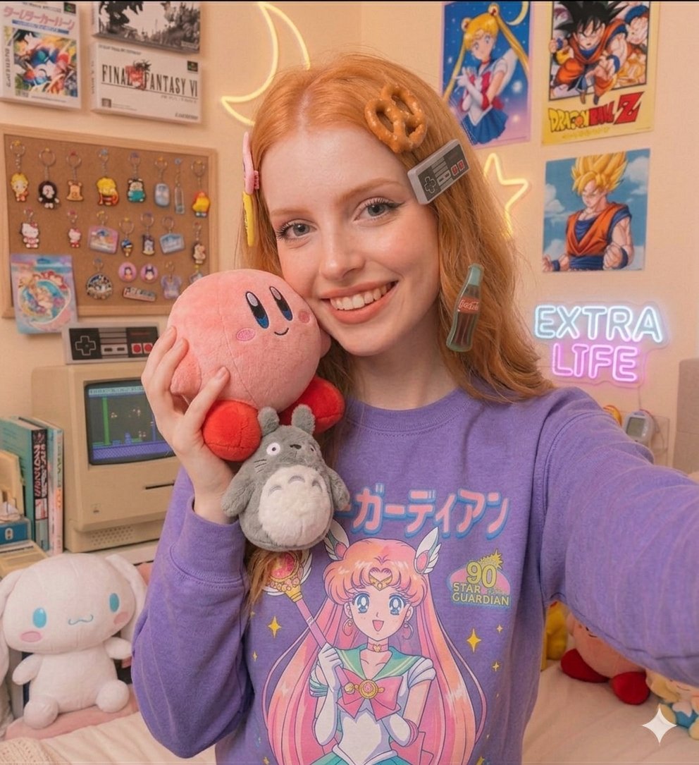 A ginger-haired gamer smiles in her retro anime bedroom filled with plushies
