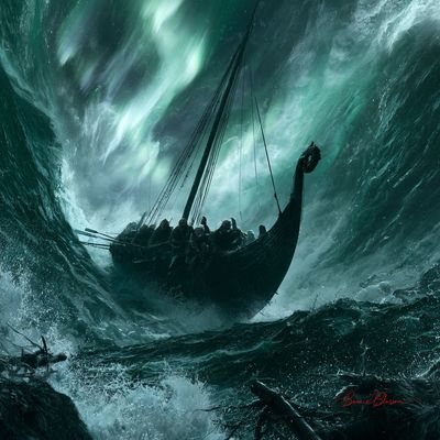 Viking longship battles colossal wave under aurora-torn sky in storm
