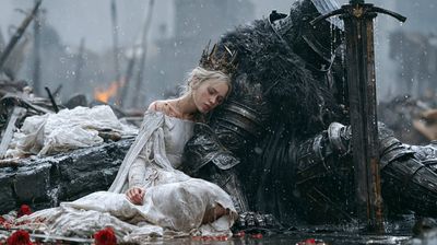 Wounded queen leans on armored knight in rain-soaked battlefield