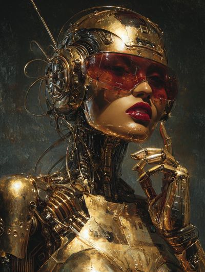 Golden cyborg with reflective pose and visor under dramatic lighting