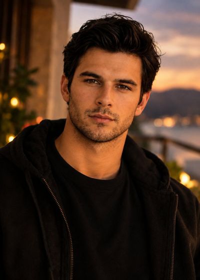 A handsome man in a black hoodie stands on a sunset terrace.
