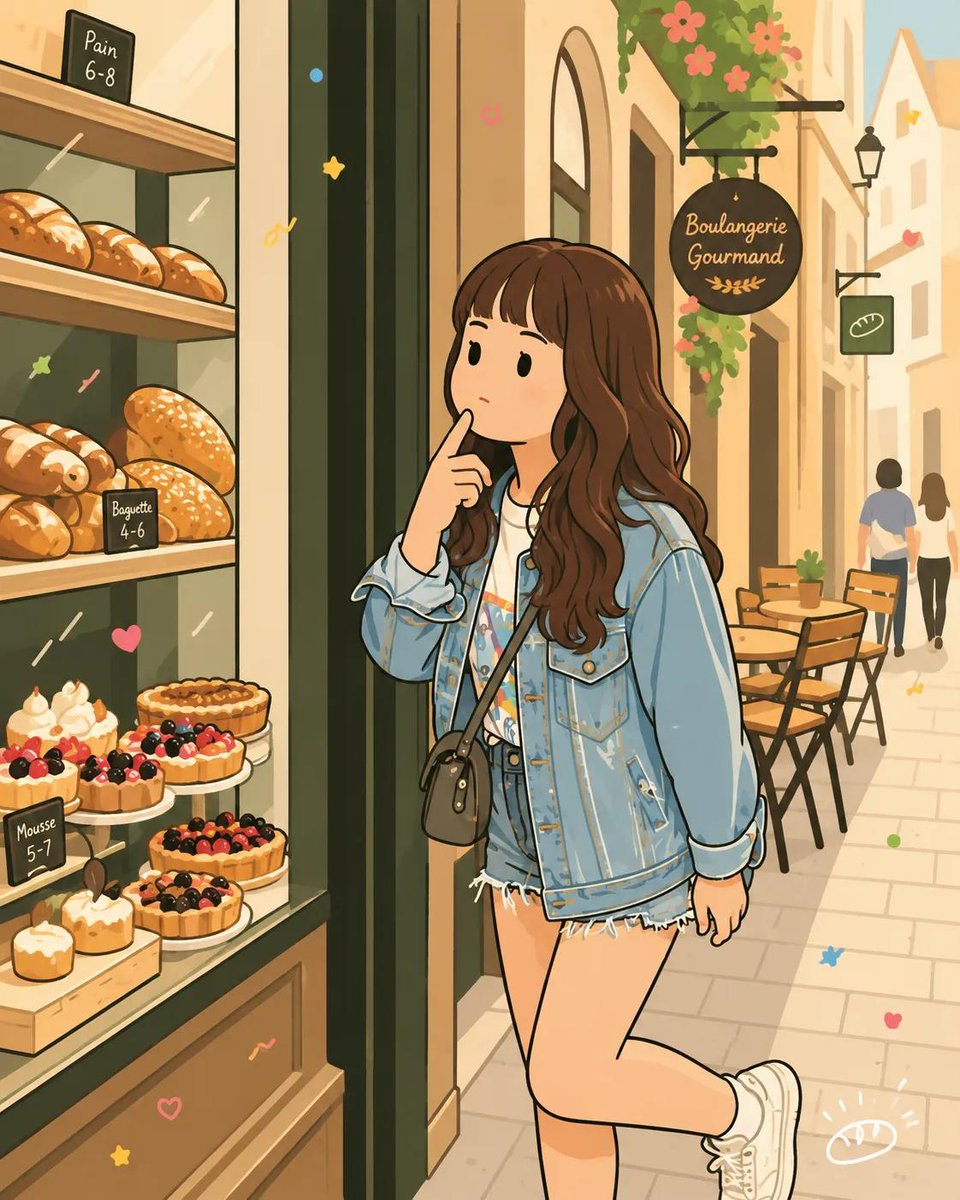 A young woman ponders bakery treats in a cozy European street