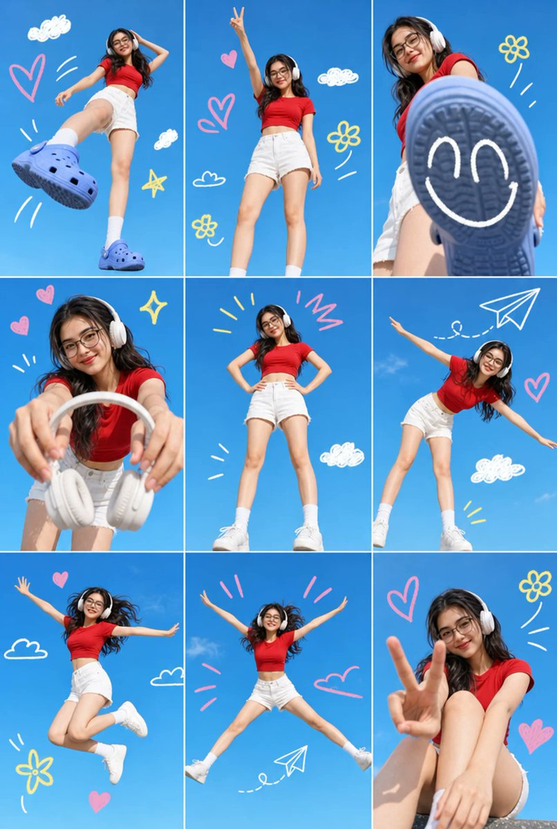 Young Asian woman in red crop top kicks under bright blue sky