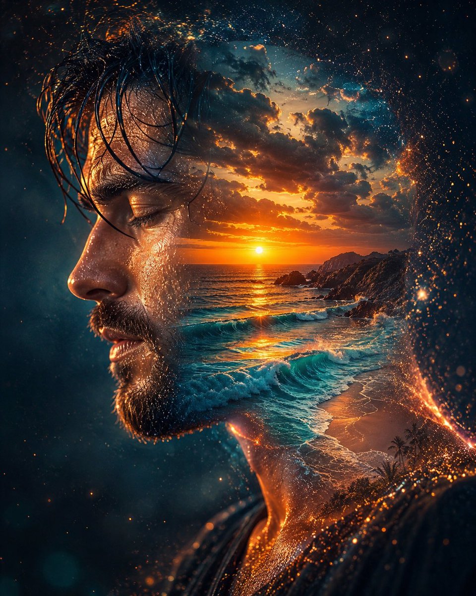 A serene profile merges with ocean waves and golden sunset light