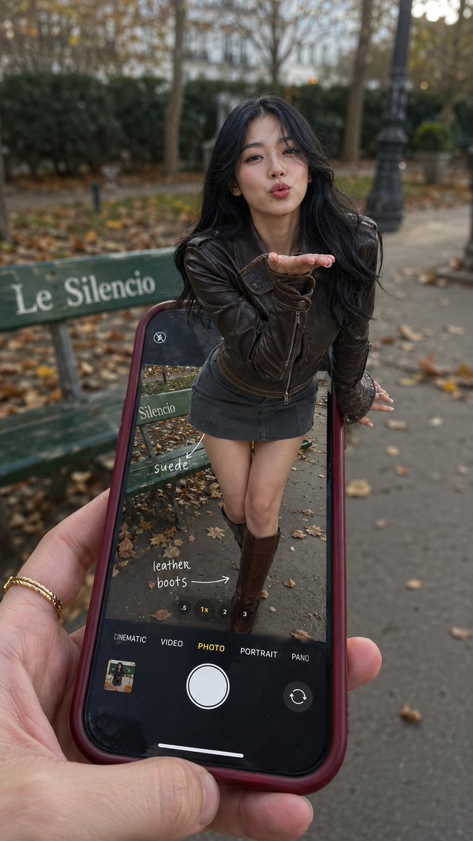 Woman emerges from smartphone screen in Parisian autumn park