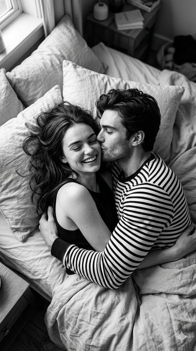 A young couple shares a tender morning kiss on rumpled bedsheets