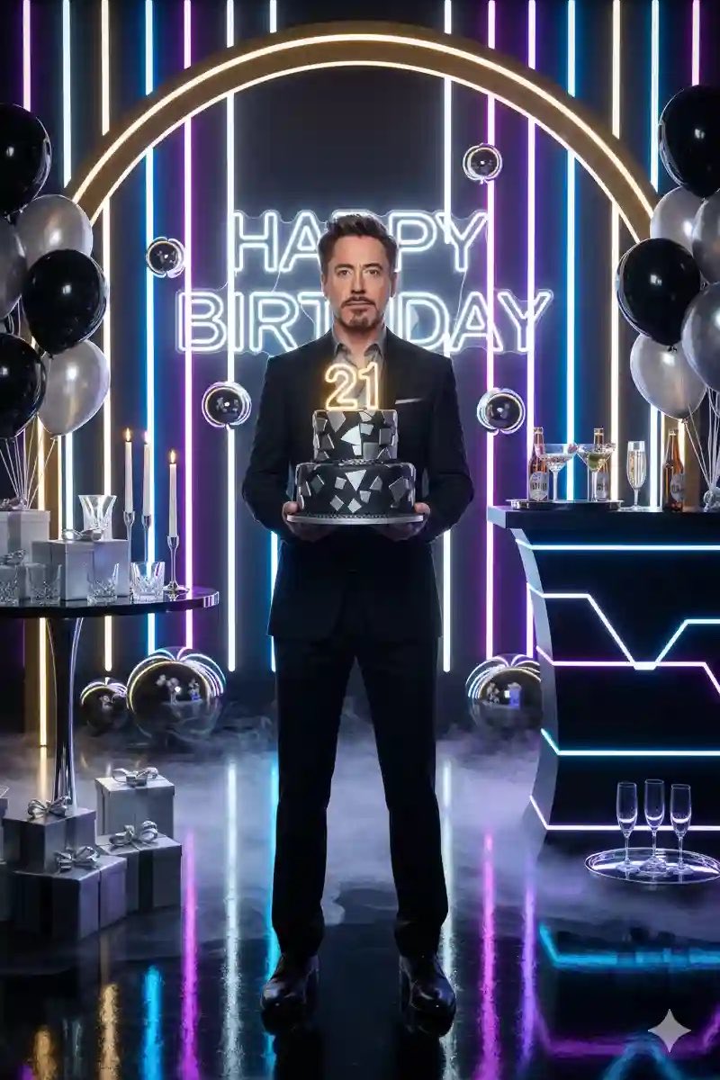 A stylish man in a black suit holds a glowing birthday cake