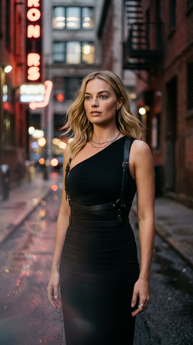 Margot Robbie poses in neon alley with wet asphalt reflections