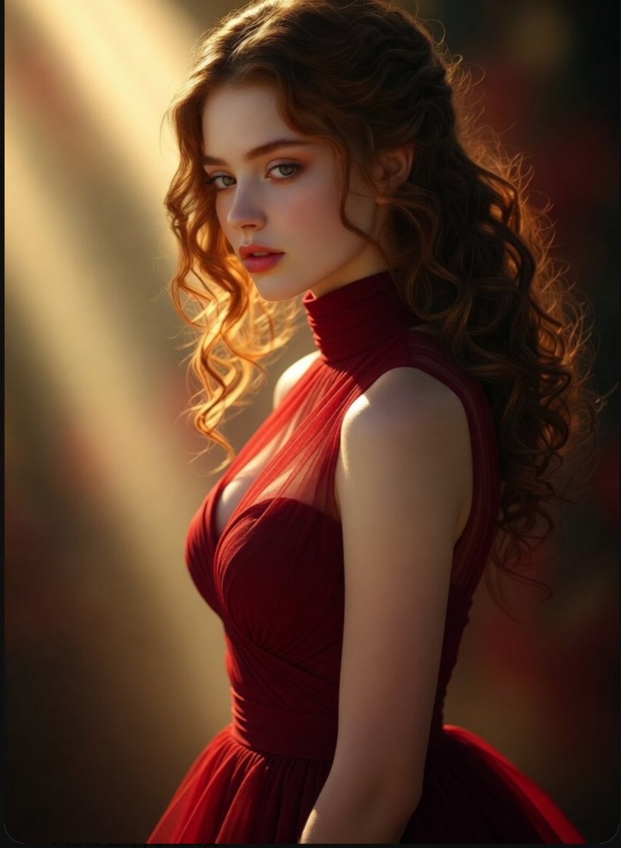 A woman in a crimson gown glows under golden hour light