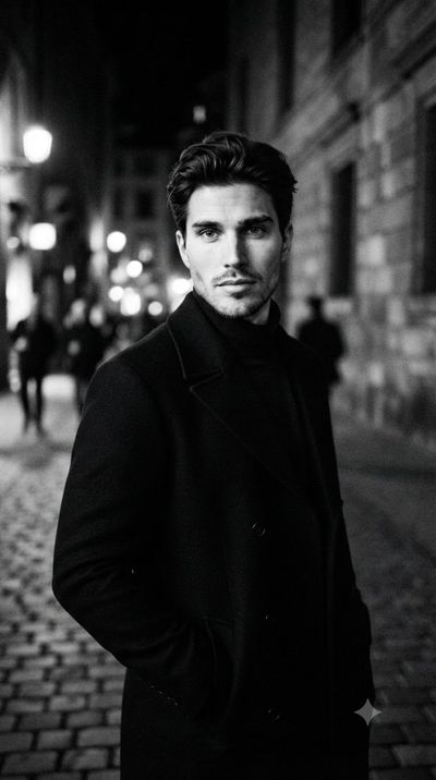 A handsome man in a black turtleneck poses on a rainy street at night.