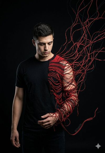 Fragmented Reality: Photorealistic Man Unraveling Into Threads