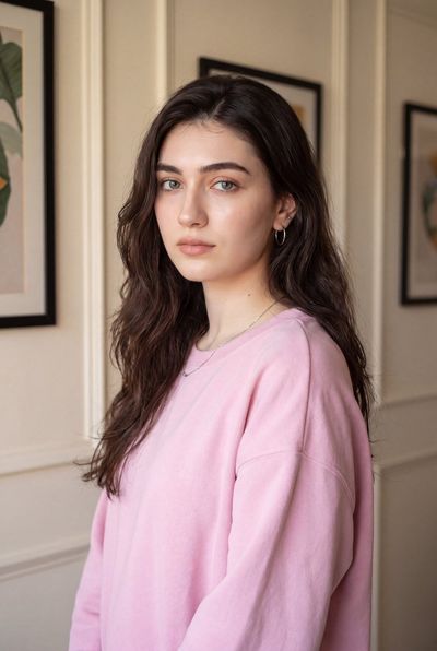 A young woman in a pink sweatshirt gazes softly by the window.